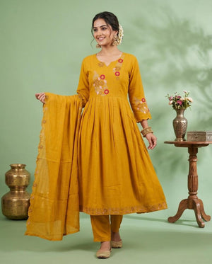 Amrah Wholesale Naisha K 1133 Mul Chanderi Jarkan Work Kurti Pant Dupatta Set - Amrah Wholesale