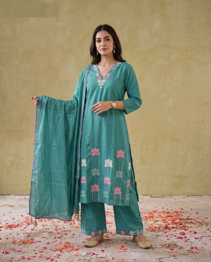 Amrah Wholesale Naisha K 1135 Mul Cotton Embroidered Kurti Pant Dupatta Set - Amrah Wholesale