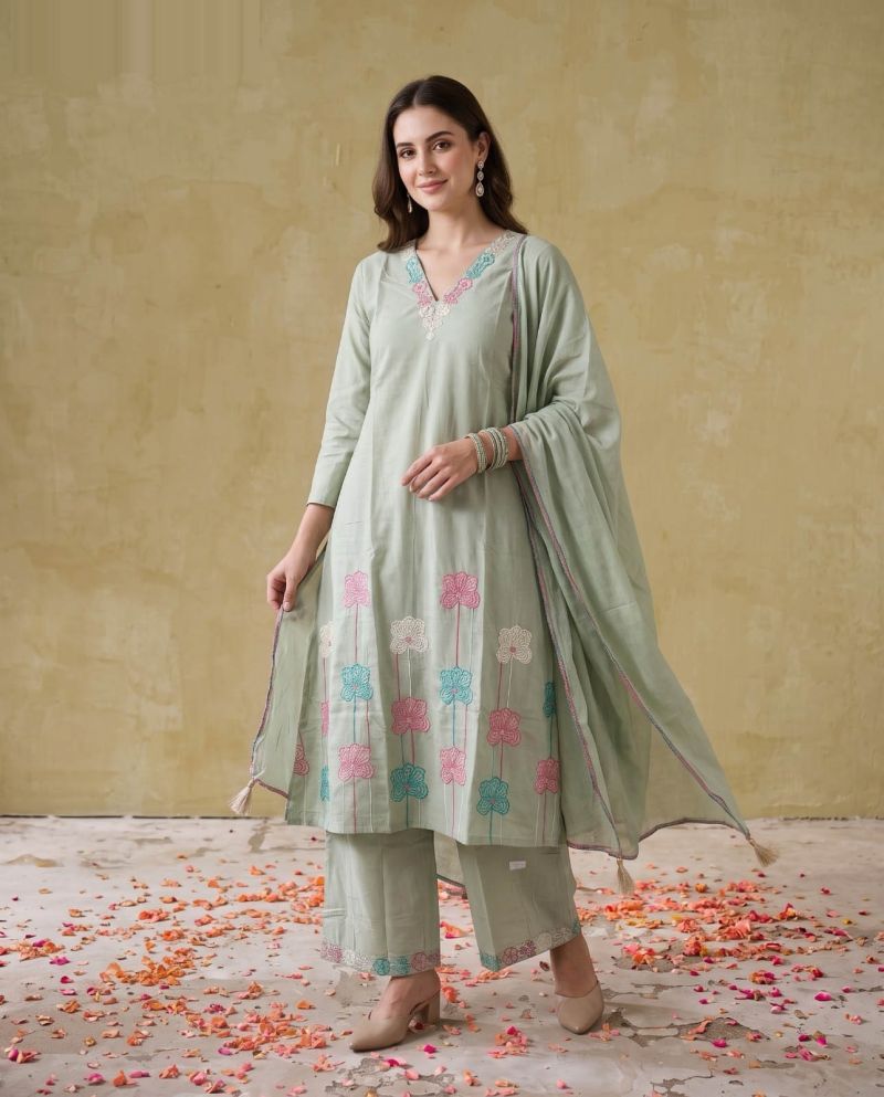 Amrah Wholesale Naisha K 1135 Mul Cotton Embroidered Kurti Pant Dupatta Set
