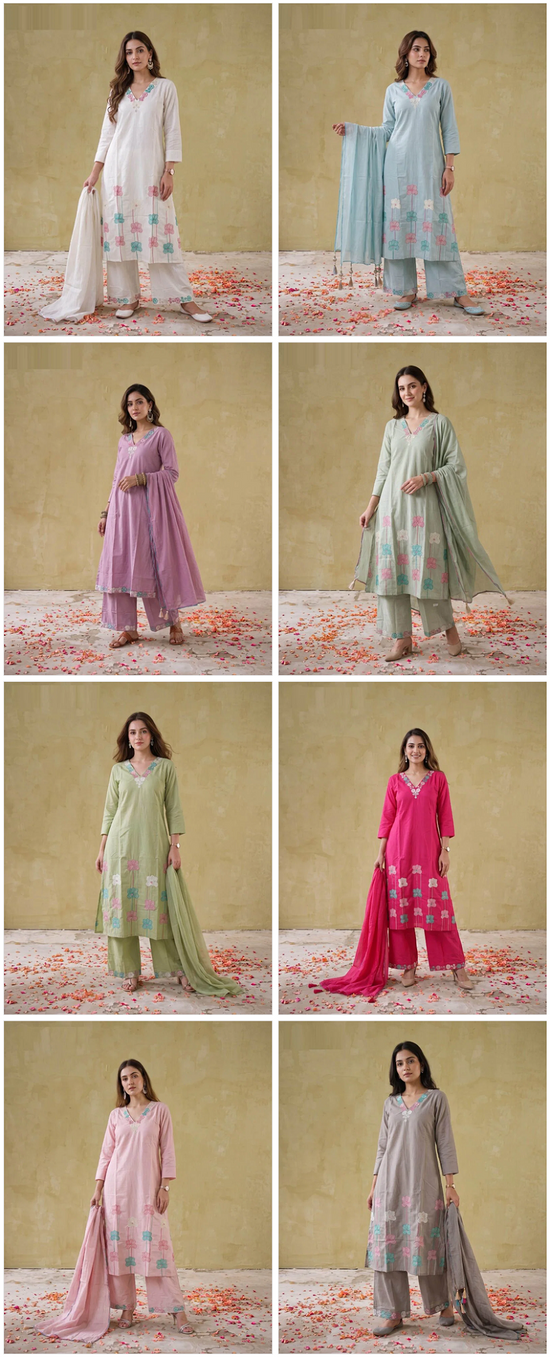 Amrah Wholesale Naisha K 1135 Mul Cotton Embroidered Kurti Pant Dupatta Set
