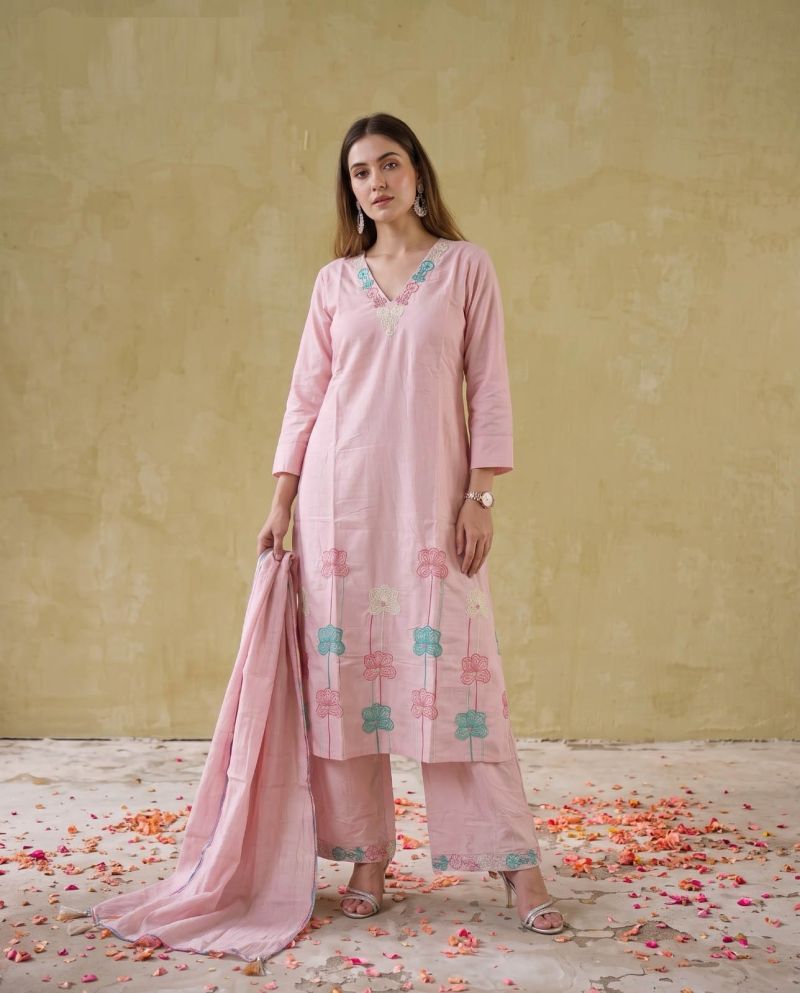 Amrah Wholesale Naisha K 1135 Mul Cotton Embroidered Kurti Pant Dupatta Set