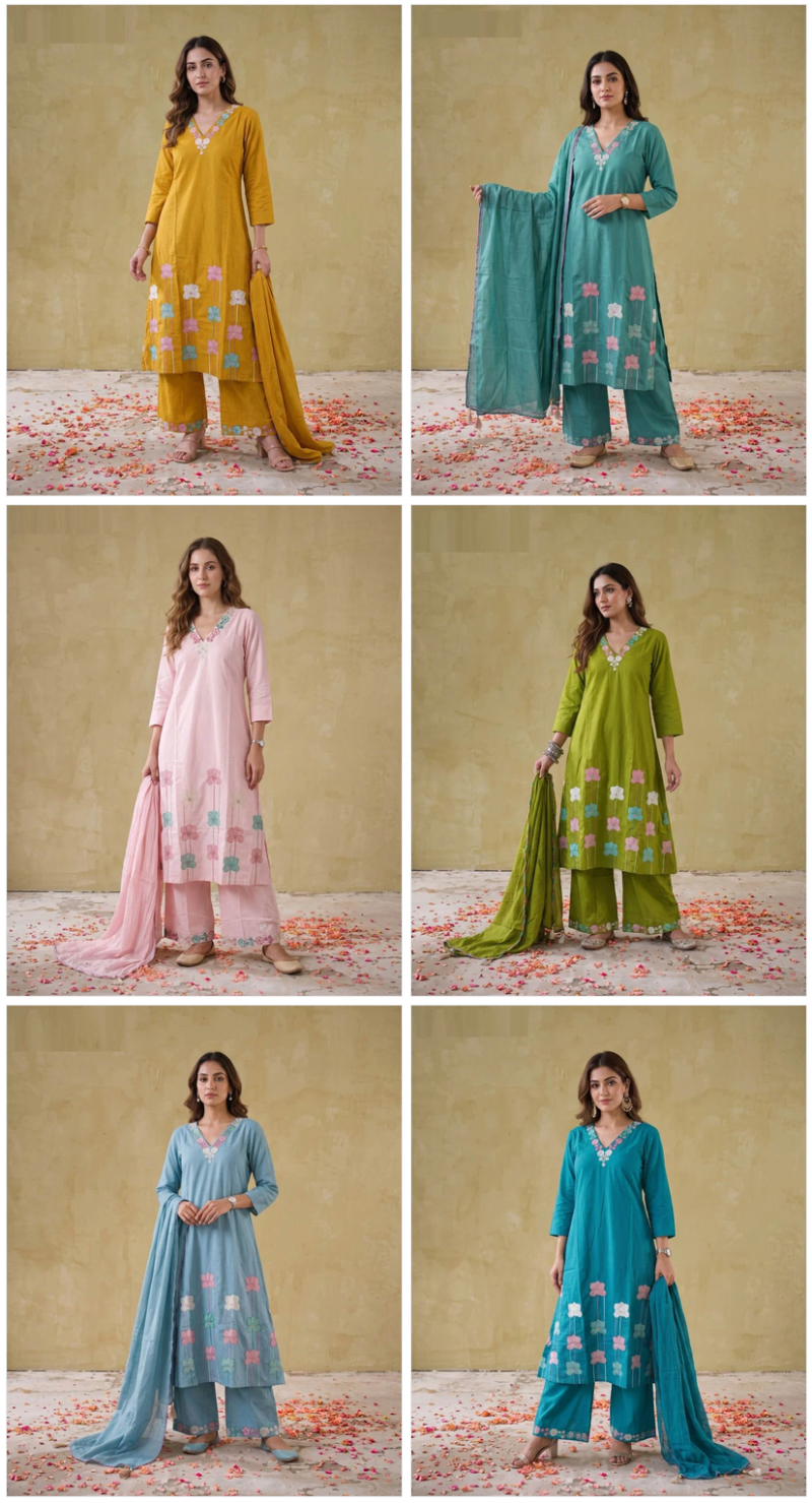 Amrah Wholesale Naisha K 1135 Mul Cotton Embroidered Kurti Pant Dupatta Set