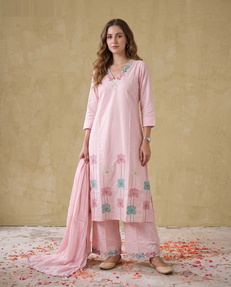 Amrah Wholesale Naisha K 1135 Mul Cotton Embroidered Kurti Pant Dupatta Set