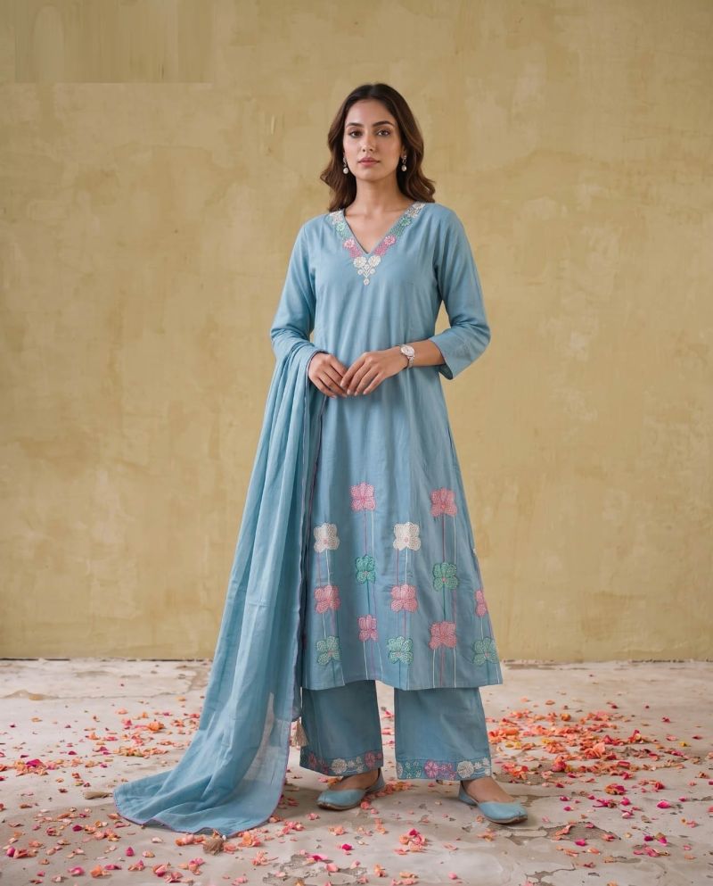 Amrah Wholesale Naisha K 1135 Mul Cotton Embroidered Kurti Pant Dupatta Set