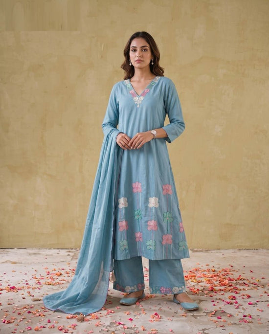 Amrah Wholesale Naisha K 1135 Mul Cotton Embroidered Kurti Pant Dupatta Set