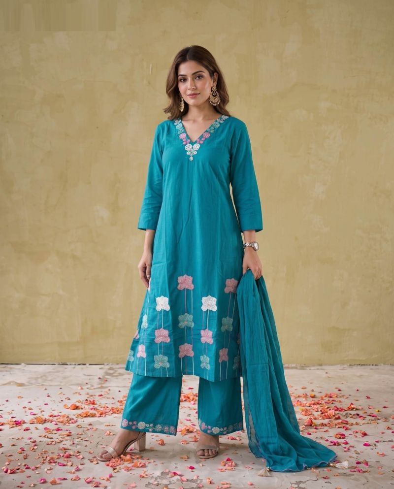 Amrah Wholesale Naisha K 1135 Mul Cotton Embroidered Kurti Pant Dupatta Set