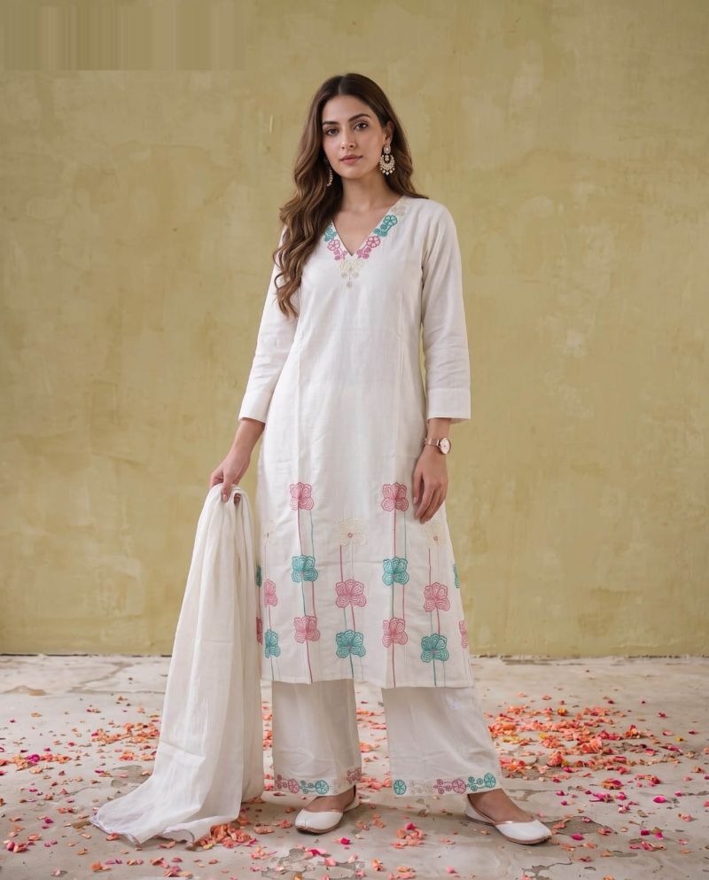 Amrah Wholesale Naisha K 1135 Mul Cotton Embroidered Kurti Pant Dupatta Set