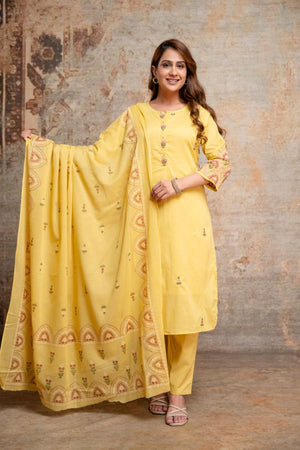 Amrah Wholesale Naisha K 1136 Mul Cotton Embroidered Kurti Pant Dupatta Set - Amrah Wholesale