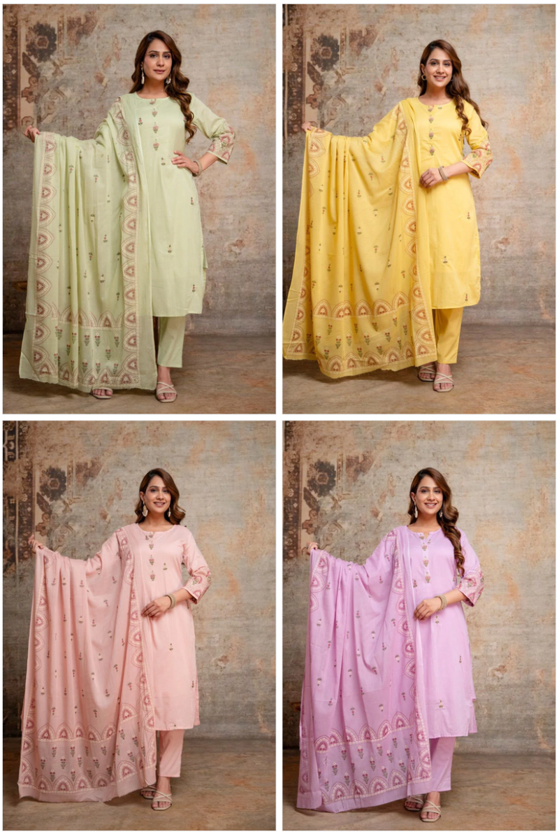 Amrah Wholesale Naisha K 1136 Mul Cotton Embroidered Kurti Pant Dupatta Set