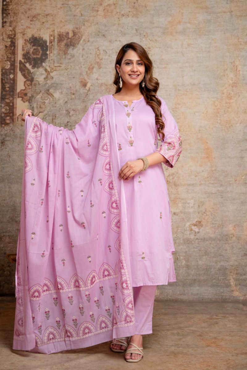 Amrah Wholesale Naisha K 1136 Mul Cotton Embroidered Kurti Pant Dupatta Set