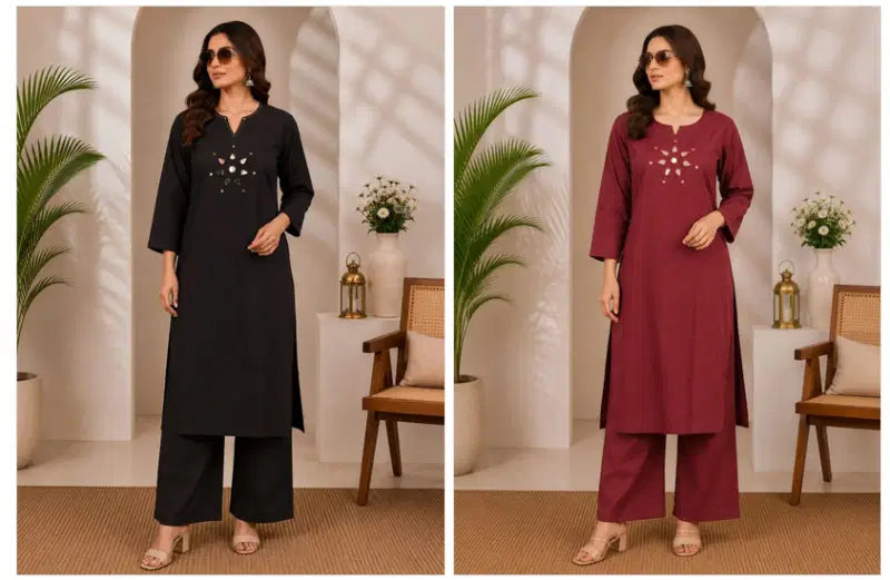 Amrah Wholesale Naisha K 1142 Dhabu Cotton Mirror Work Kurti Pant Set