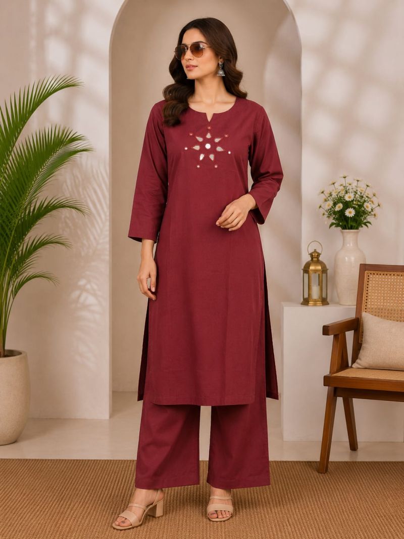 Amrah Wholesale Naisha K 1142 Dhabu Cotton Mirror Work Kurti Pant Set