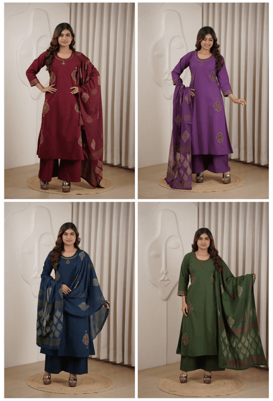 Amrah Wholesale Naisha K 1145 Dhabu Cotton Manual Work Kurti Pant Dupatta Set - Amrah Wholesale