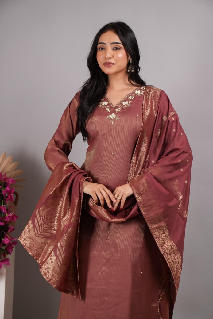 Amrah Wholesale Naisha K 1157 Leo Denting Hand Work Kurti Pant Dupatta Set
