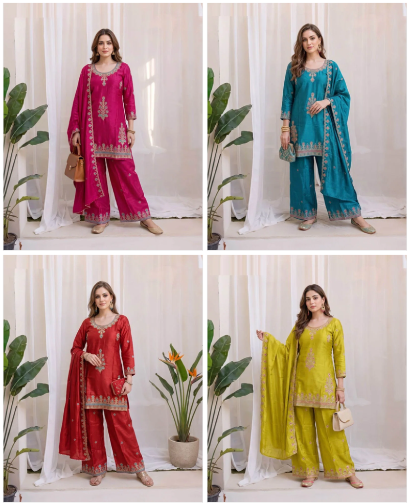 Amrah Wholesale Naisha K 1158 Chinon Crush Embroidered Kurti Pant Dupatta Set
