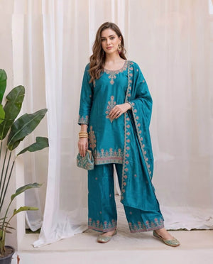 Amrah Wholesale Naisha K 1158 Chinon Crush Embroidered Kurti Pant Dupatta Set