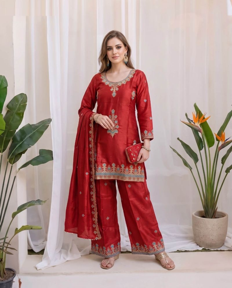 Amrah Wholesale Naisha K 1158 Chinon Crush Embroidered Kurti Pant Dupatta Set