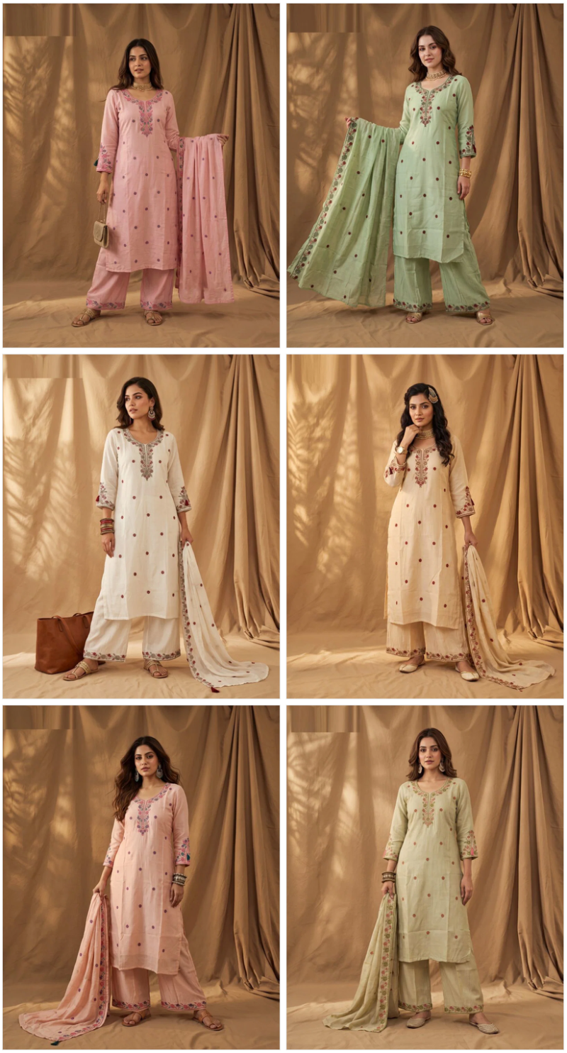 Amrah Wholesale Naisha K 1177 Mul Chanderi Kurti Pant Dupatta Set