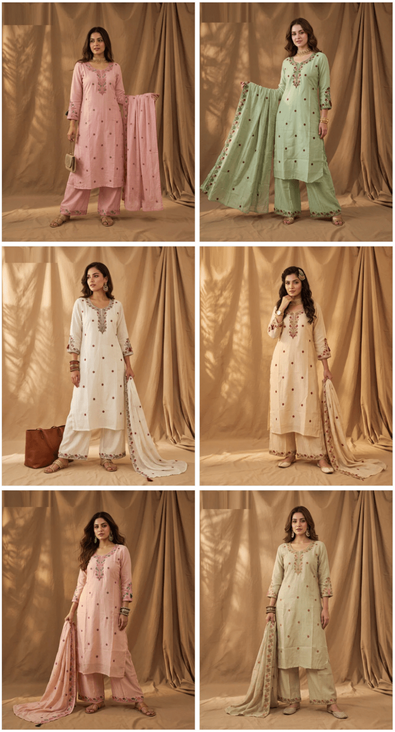 Amrah Wholesale Naisha K 1177 Mul Chanderi Kurti Pant Dupatta Set - Amrah Wholesale