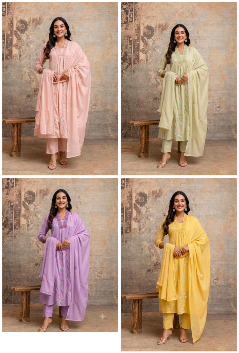 Amrah Wholesale Naisha K 1191 Mul Cotton Kurti Pant Dupatta Set