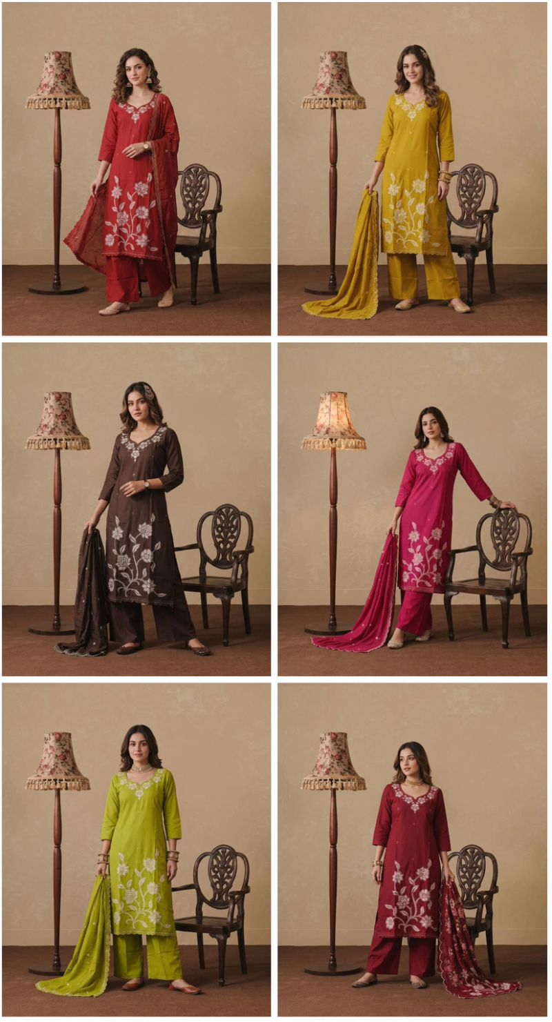 Amrah Wholesale Naisha K 1233 Dhabu Cotton Embroidered Kurti Pant Dupatta Set