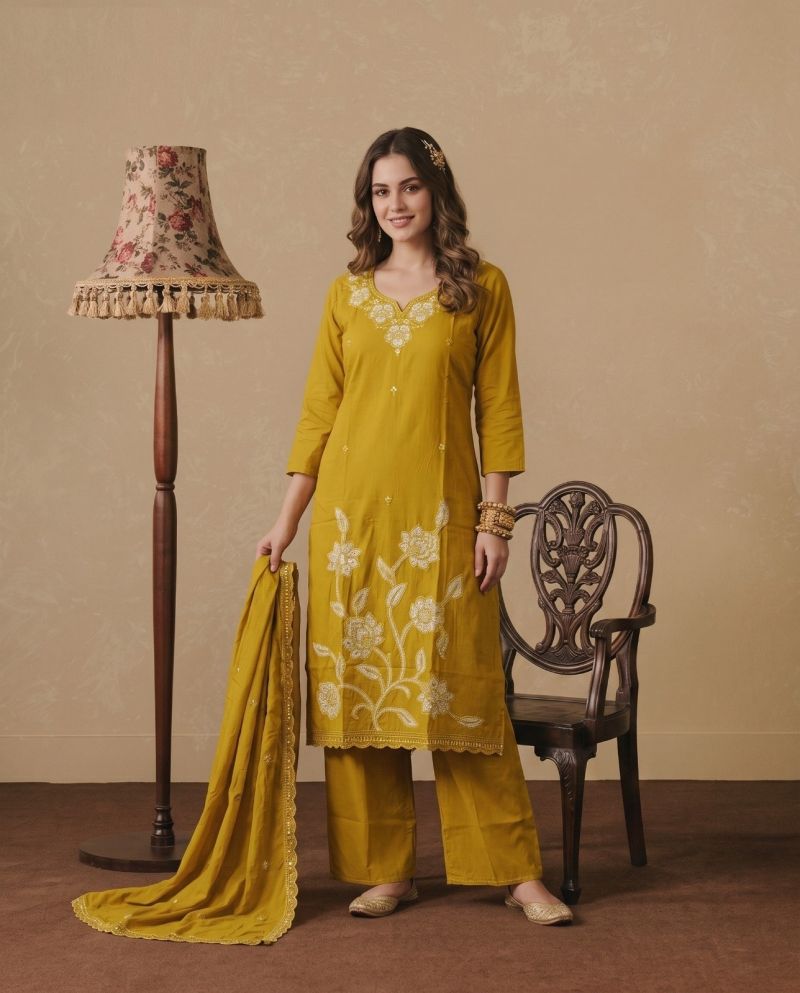 Amrah Wholesale Naisha K 1233 Dhabu Cotton Embroidered Kurti Pant Dupatta Set