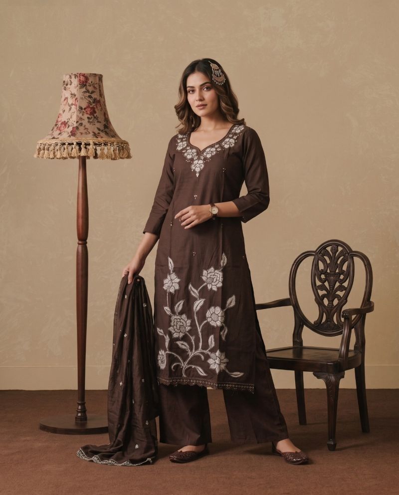 Amrah Wholesale Naisha K 1233 Dhabu Cotton Embroidered Kurti Pant Dupatta Set