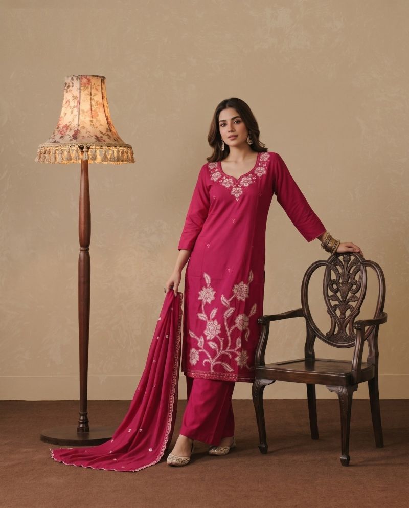 Amrah Wholesale Naisha K 1233 Dhabu Cotton Embroidered Kurti Pant Dupatta Set