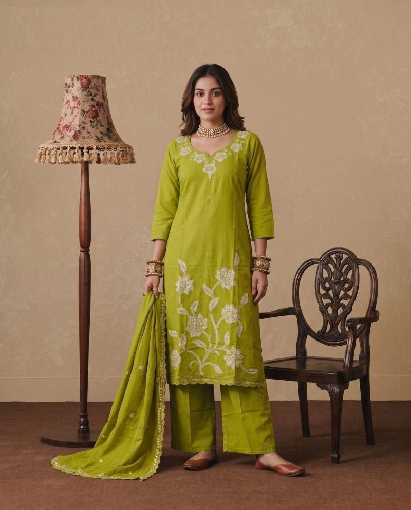 Amrah Wholesale Naisha K 1233 Dhabu Cotton Embroidered Kurti Pant Dupatta Set