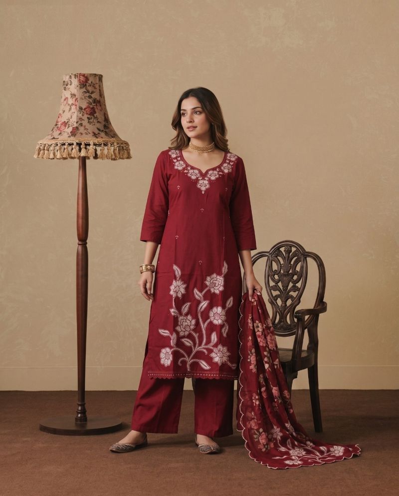 Amrah Wholesale Naisha K 1233 Dhabu Cotton Embroidered Kurti Pant Dupatta Set