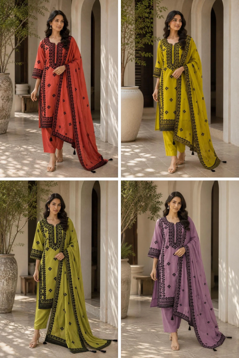 Amrah Wholesale Naisha K 1327 Mul Chanderi Kurti Pant Dupatta Set