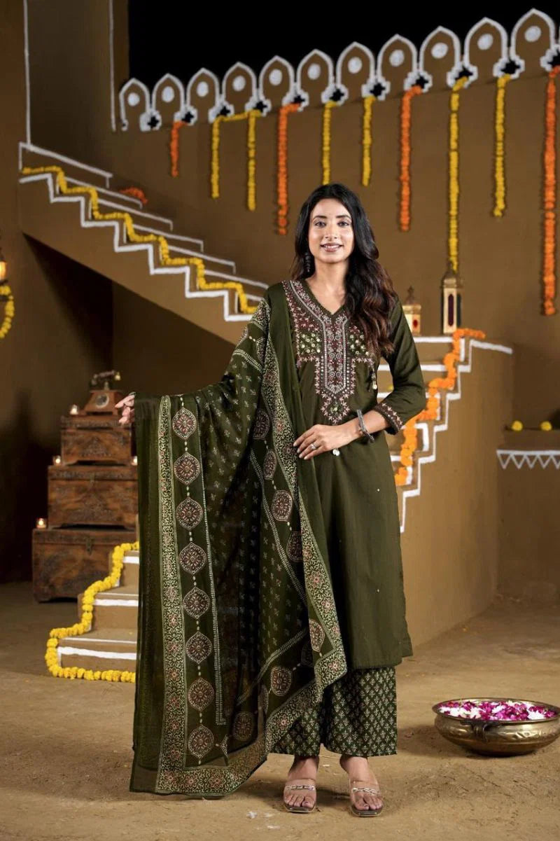 Amrah Wholesale Naisha K 1392 Cotton Embroidered Kurti Pant Dupatta Set