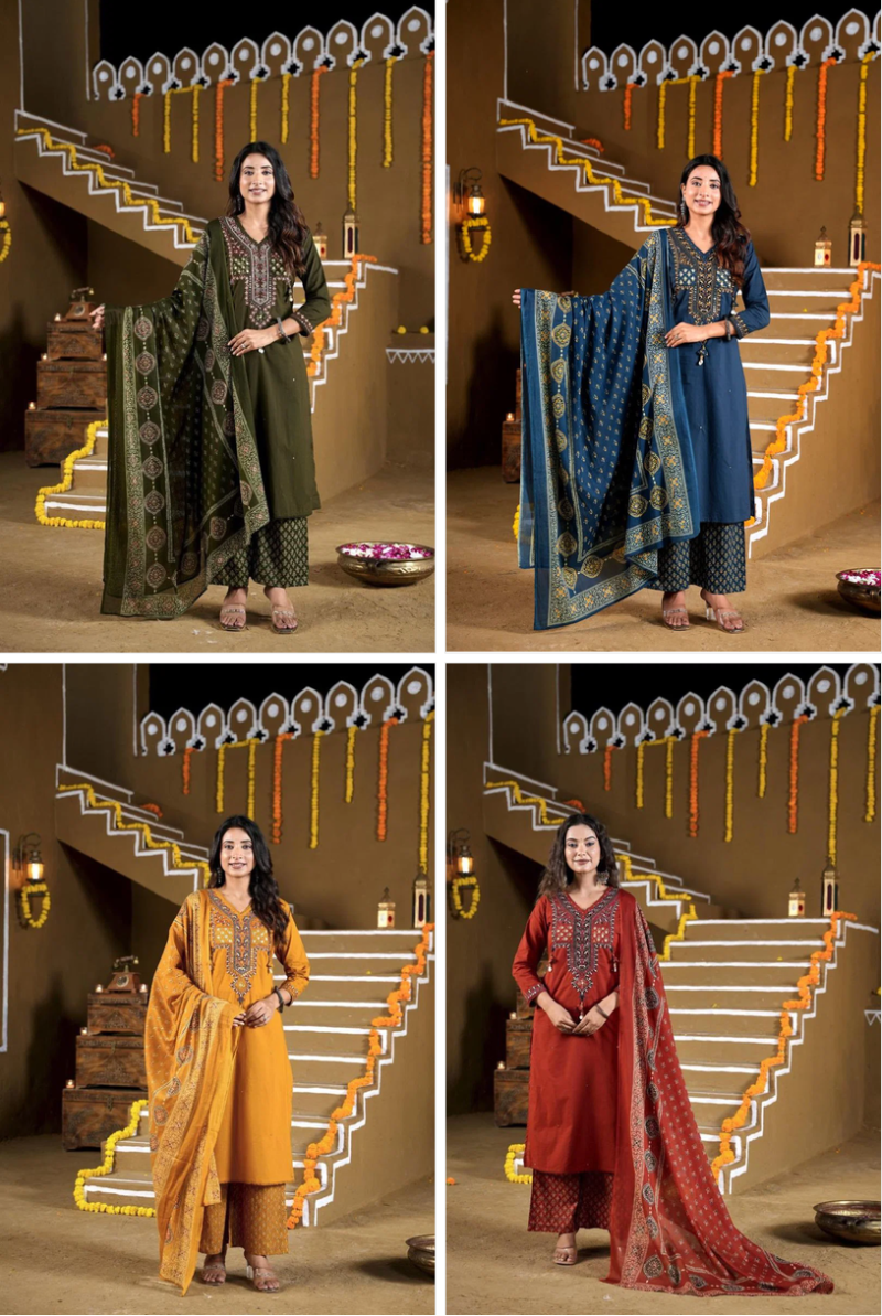 Amrah Wholesale Naisha K 1392 Cotton Embroidered Kurti Pant Dupatta Set