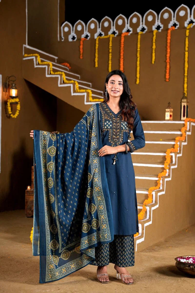 Amrah Wholesale Naisha K 1392 Cotton Embroidered Kurti Pant Dupatta Set