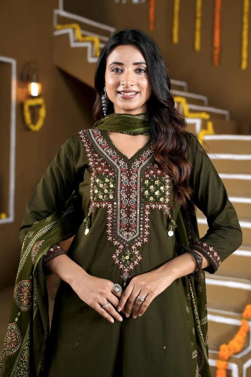 Amrah Wholesale Naisha K 1392 Cotton Embroidered Kurti Pant Dupatta Set