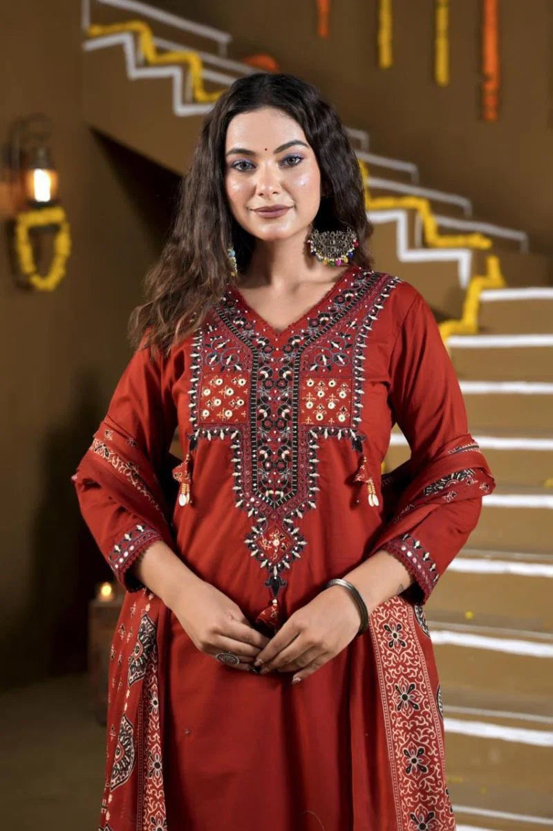 Amrah Wholesale Naisha K 1392 Cotton Embroidered Kurti Pant Dupatta Set