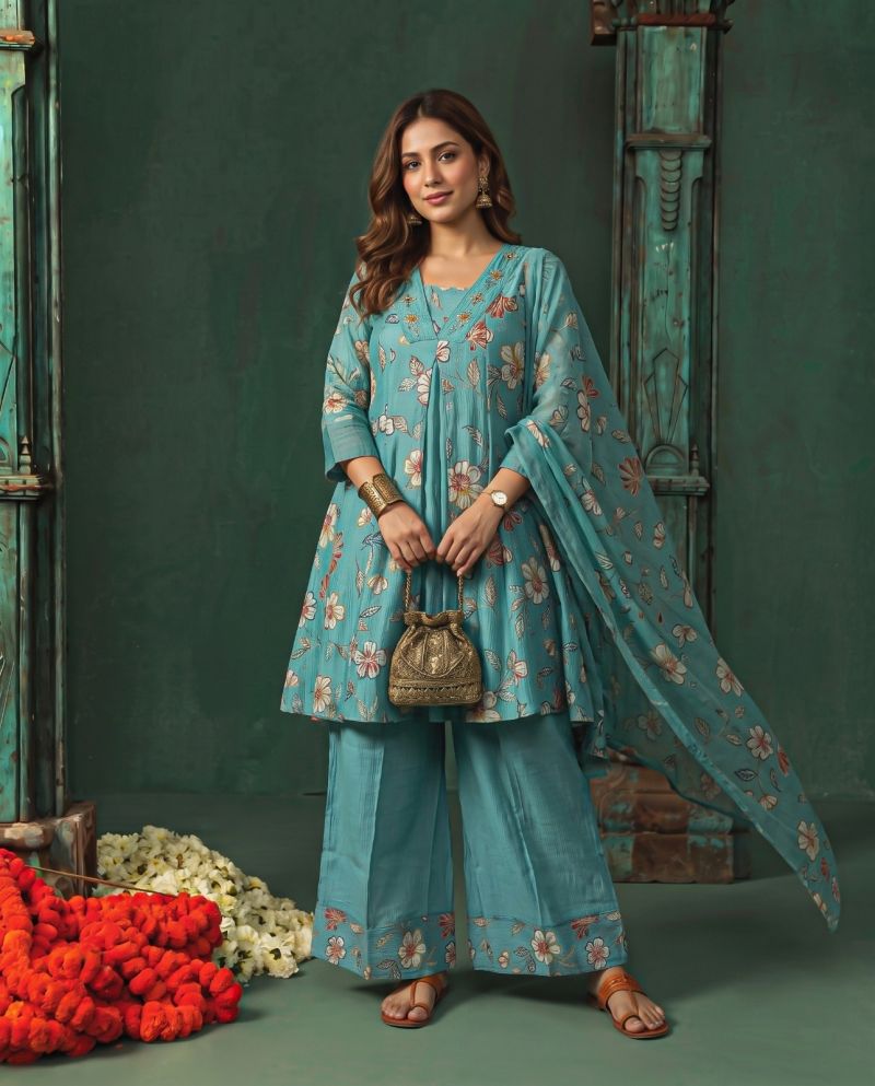 Amrah Wholesale Naisha K 1397 Berlin Discharge Print Hand Work Kurti Pant Dupatta Set
