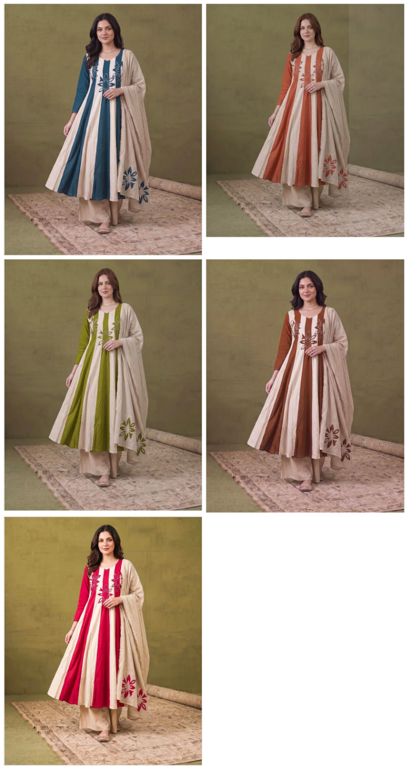 Amrah Wholesale Naisha K 1463 Mul Chanderi Anarkali Kurti Pant Dupatta Set