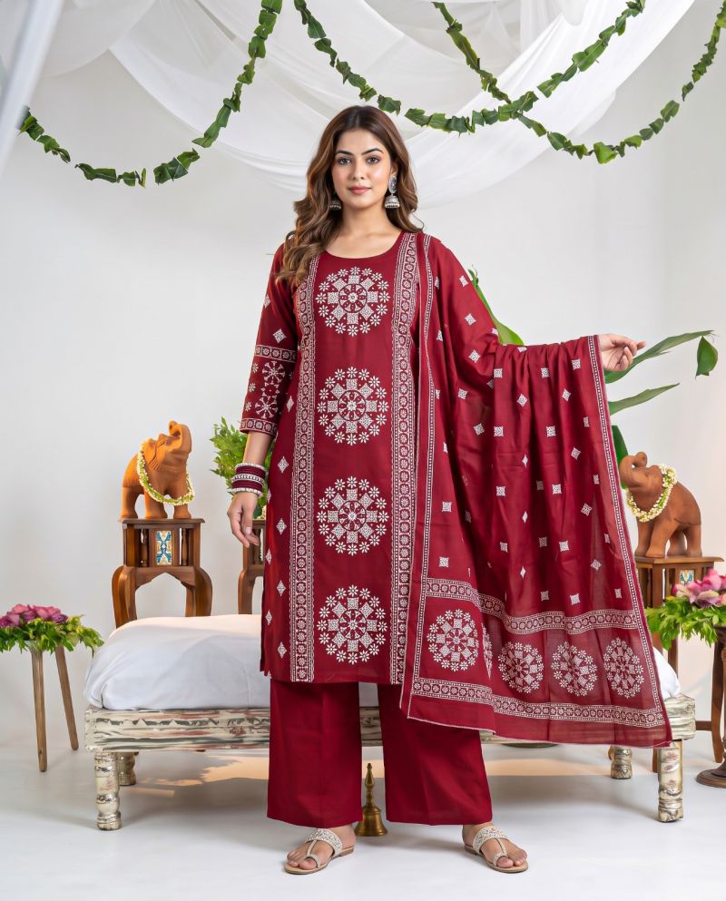 Amrah Wholesale Naisha K 1464 Dhabu Cotton Kurti Pant Dupatta Set