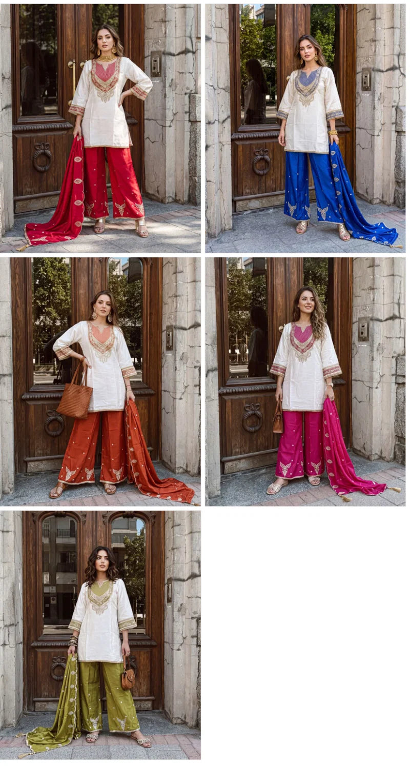 Amrah Wholesale Naisha K 1465 Chinon Soft Silk Kurti Pant Dupatta Set