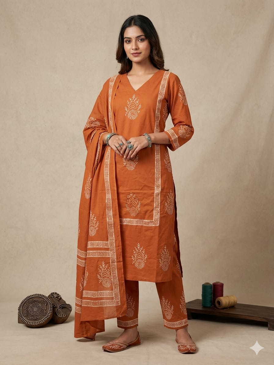 Amrah Wholesale Naisha K 947 Cotton Block Printed Kurti Pant Dupatta Set - Amrah Wholesale