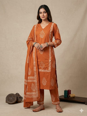 Amrah Wholesale Naisha K 947 Cotton Block Printed Kurti Pant Dupatta Set - Amrah Wholesale