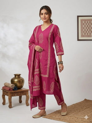 Amrah Wholesale Naisha K 947 Cotton Block Printed Kurti Pant Dupatta Set - Amrah Wholesale