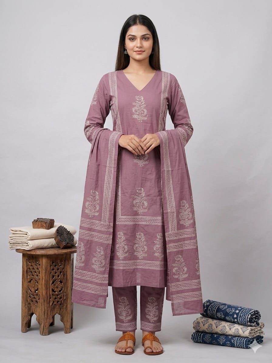 Amrah Wholesale Naisha K 947 Cotton Block Printed Kurti Pant Dupatta Set - Amrah Wholesale