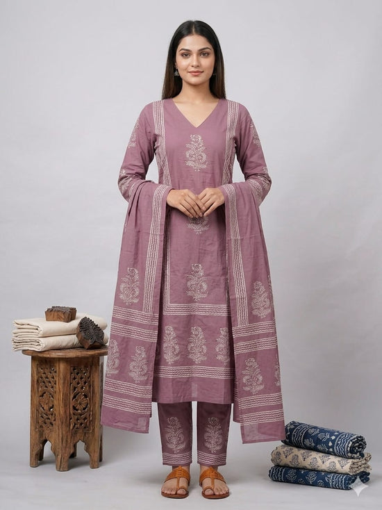 Amrah Wholesale Naisha K 947 Cotton Block Printed Kurti Pant Dupatta Set - Amrah Wholesale