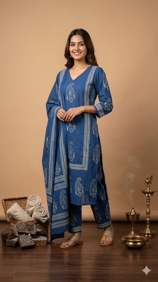 Amrah Wholesale Naisha K 947 Cotton Block Printed Kurti Pant Dupatta Set - Amrah Wholesale