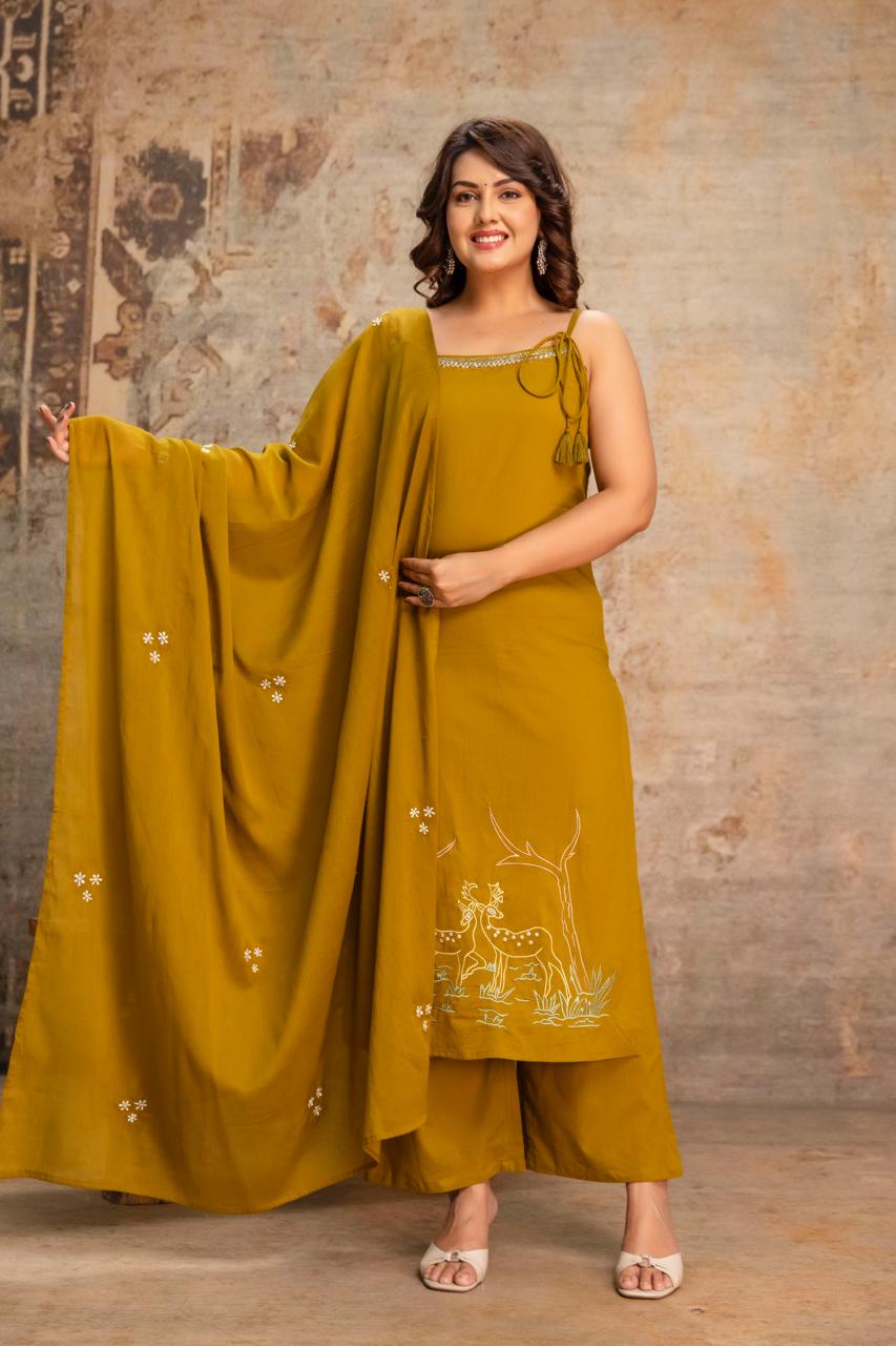Amrah Wholesale Naisha K 992 Cotton Kurti Pant Dupatta Set - Amrah Wholesale