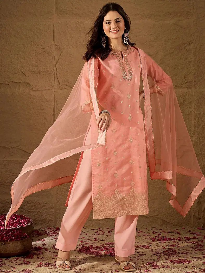 Amrah Wholesale Navya Kurti 270 Silk Blend Embroidered Kurti Pant Dupatta Set - Amrah Wholesale
