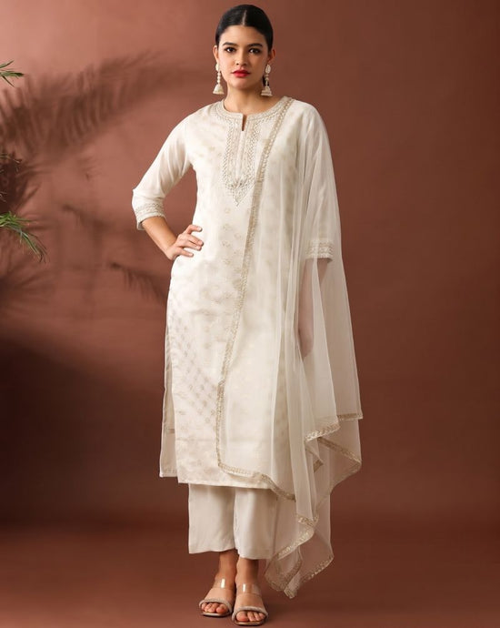 Amrah Wholesale Navya Kurti 278 Chanderi Silk Kurti Pant Dupatta Set - Amrah Wholesale