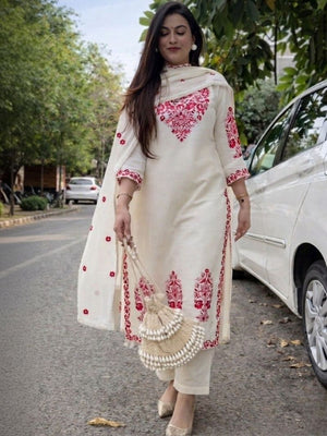 Amrah Wholesale Navya Kurti 281 Cotton Embroidered Kurti Pant Dupatta Set - Amrah Wholesale